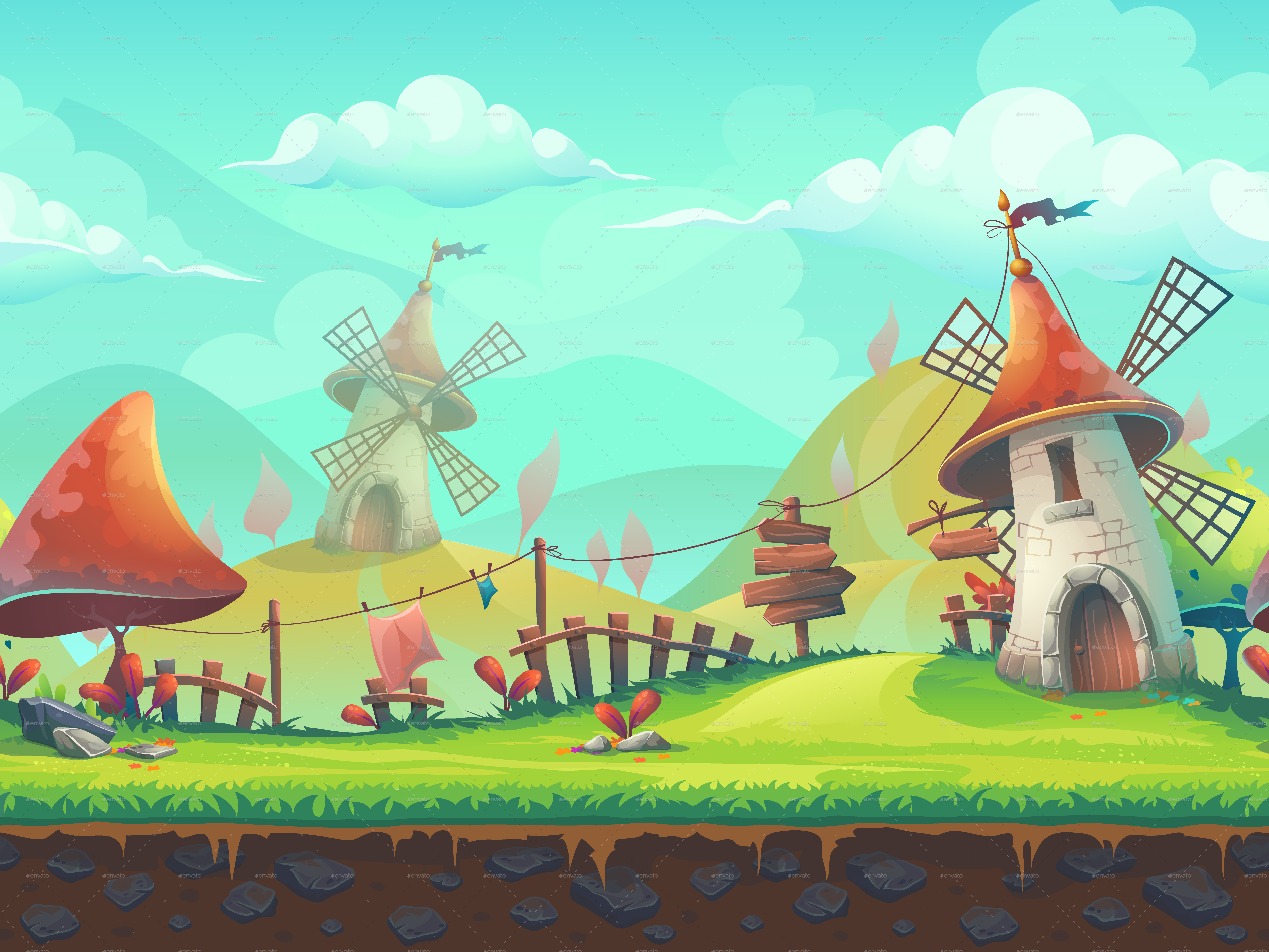 Seamless Cartoon  Landscape with a Windmill by Nearbirds 